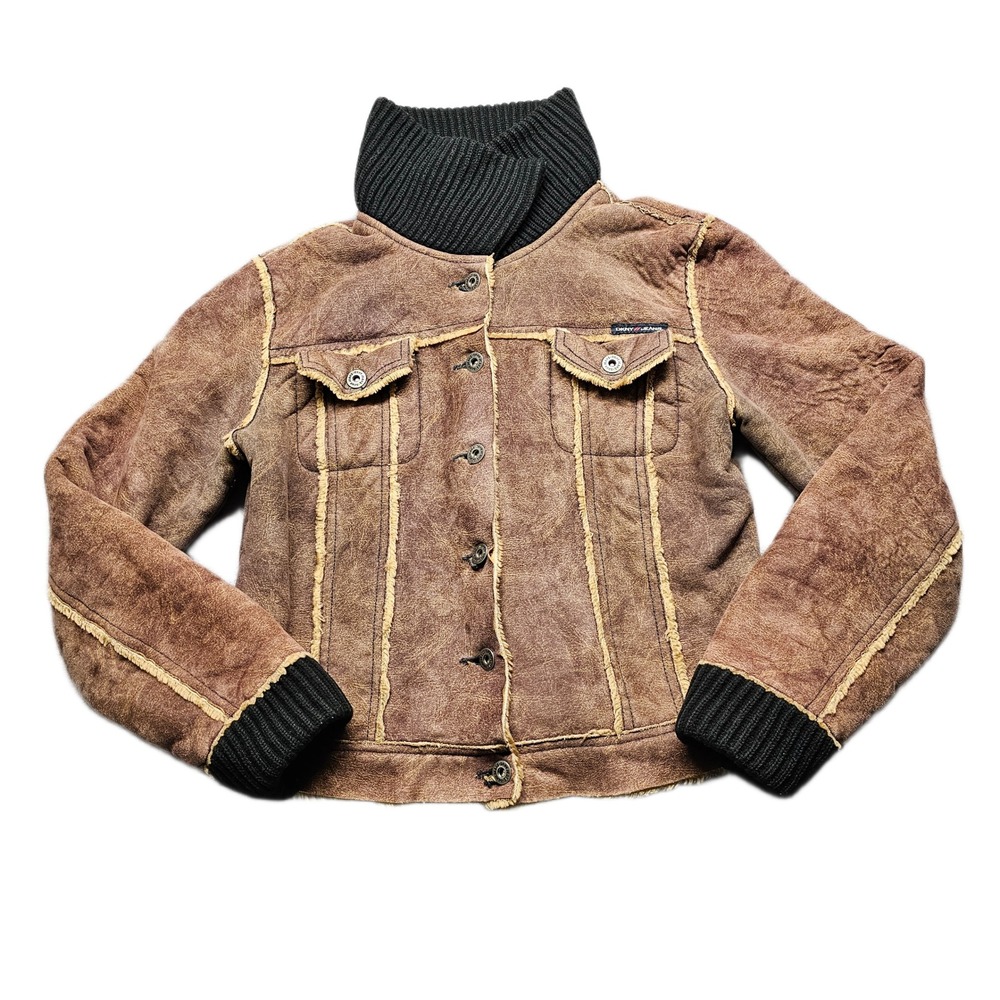 DKNY Faux Shearling Jacket Girls Large Brown Lined Ribbed Collar Button Front